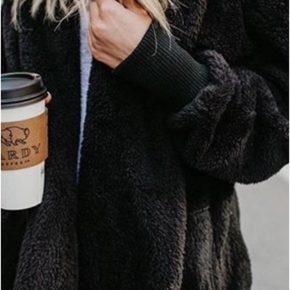 Black Super Soft Cozy Pocket Hood Sherpa Lightweight Teddy Coat Thin Cardigan - Picture 7 of 8